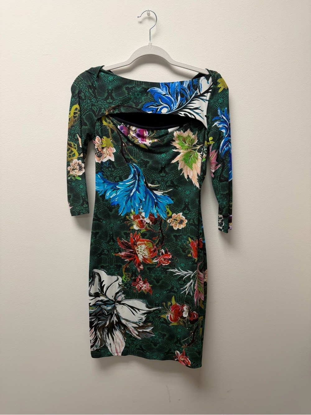 Roberto Cavalli Emerald Green Floral Long Sleeve Bodycon Dress